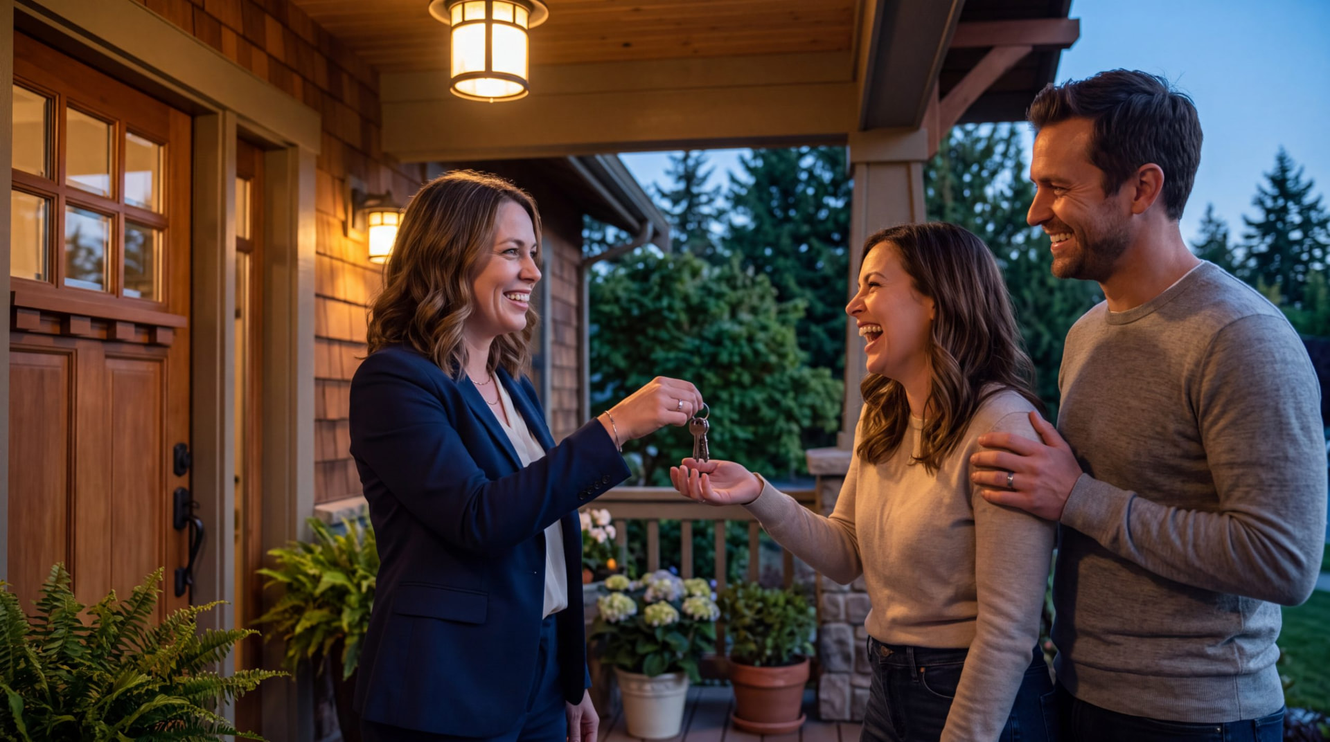 Real estate agent handing new homeowners their keys